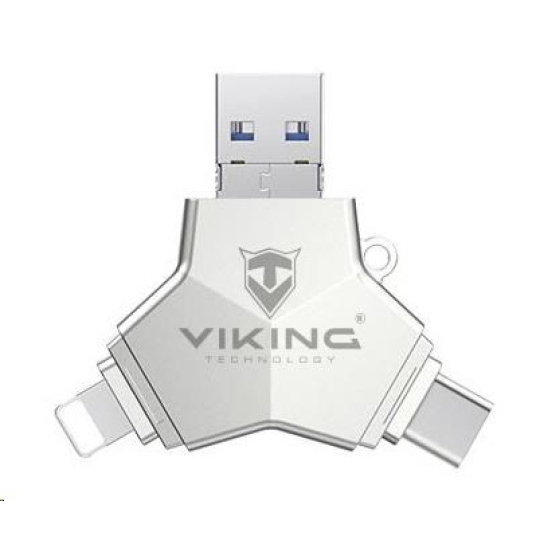Viking USB Flash disk 3.0 4v1 s koncovkou Lightning/Micro USB/USB/USB-C, 64 GB, stříbrná