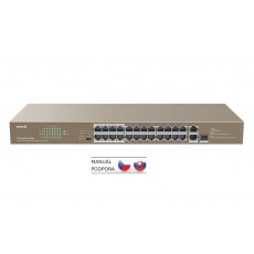 Tenda TEF1126P-24-410W - PoE AT Switch 370Watt, 24xRJ45 10/100 Mbps PoE, 2x Gigabit Uplink RJ45/SFP, Fanless, Kov Tenda TEF1126P-24-410W - PoE AT Switch 370Watt, 24xRJ45 10/100 Mbps PoE, 2x Gigabit Uplink RJ45/SFP, Fanless, Kov