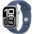 Apple Watch Series 10 GPS + Cellular 46mm Silver Aluminium Case with Denim Sport Band - S/M