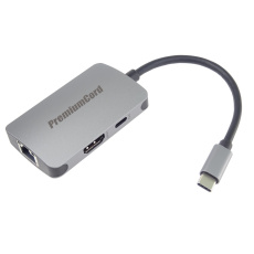PREMIUMCORD Adaptér USB-C na HDMI + RJ45 + PD adaptér, hliníkové pouzdro