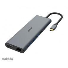 AKASA Dokovací stanice USB-C 14v1, USB-C (power+data), USB 2.0, 2xHDMI, VGA, RJ45, USB 3.2, čtečka karet, 3,5mm jack