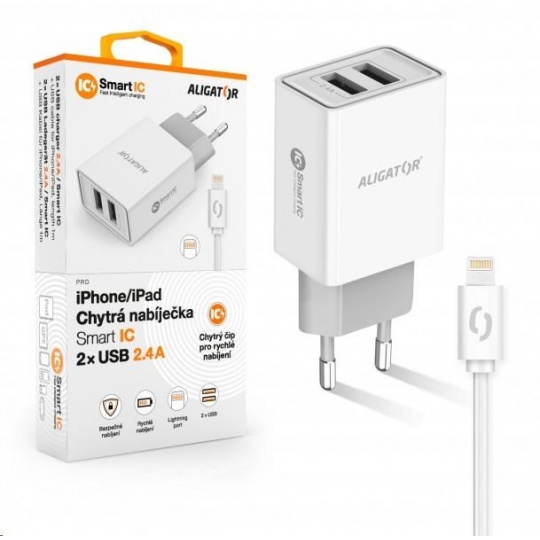 Aligator síťová nabíječka, 2x USB, kabel Lightning 2A, smart IC, 2,4 A, bílá