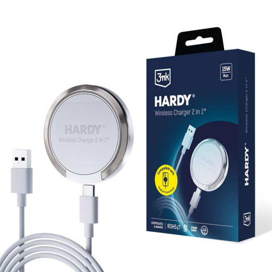 3mk bezdrátová nabíječka - Hardy Wireless Charger 2in1 s funkcí stojánku, 15w, bílá