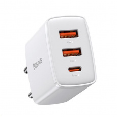 Baseus kompaktní rychlonabíjecí adaptér 2x USB-A, 1x Type-C 30W bílá Baseus kompaktní rychlonabíjecí adaptér 2x USB-A, 1x Type-C 30W bílá